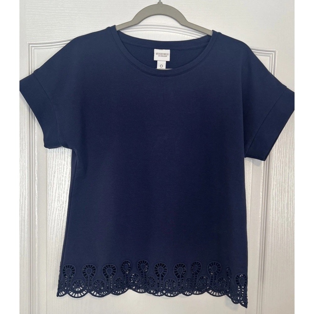 Chicos Weekends Navy Blue Eyelet Hem Short Sleeve Blouse Top Womens Size 0 NWT